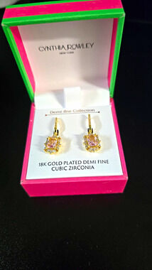 Cynthia Rowley 18K Gold Plated Pink CZ Emerald Drop Leverback Earrings